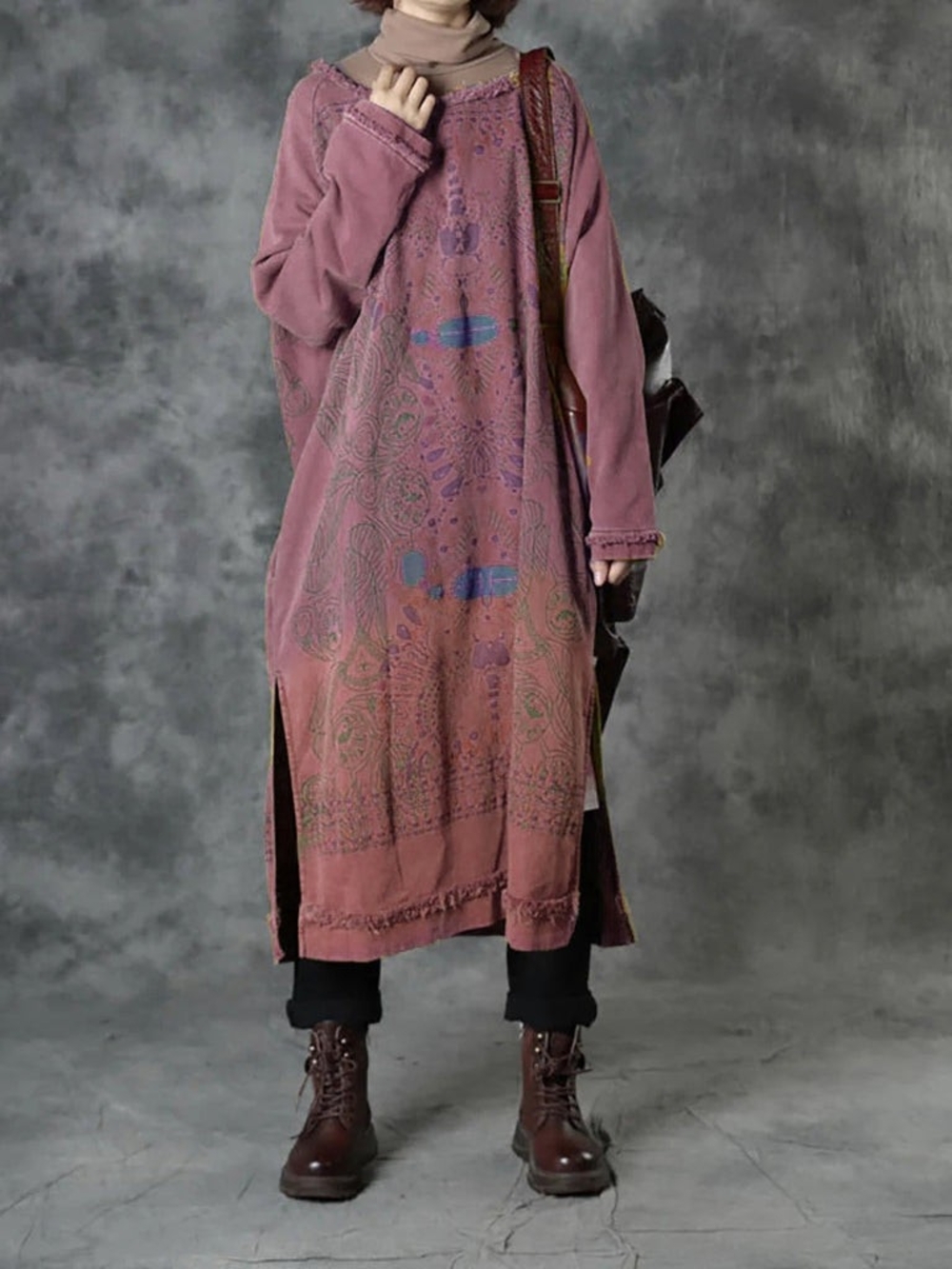 Boho Cotton Mauve Print Long Tunic Dress, M/L